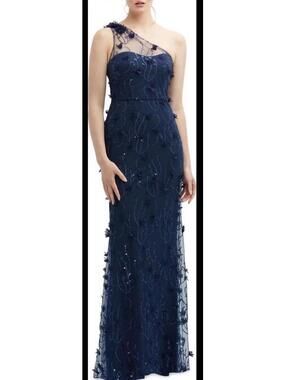New Dessy Collection Floral Appliqué One-Shoulder Gown In Midnight Sz 8 $279